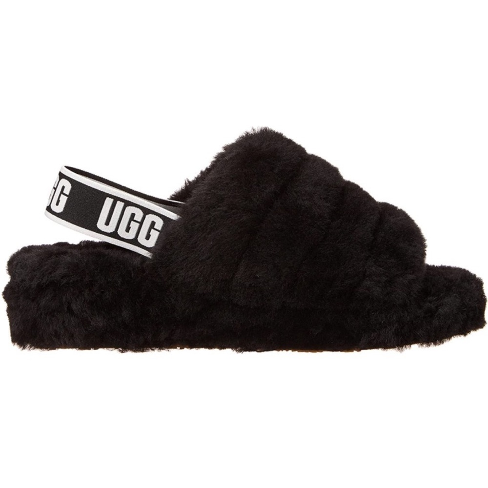 UGG Black Fluffy Slides with Logo Strap